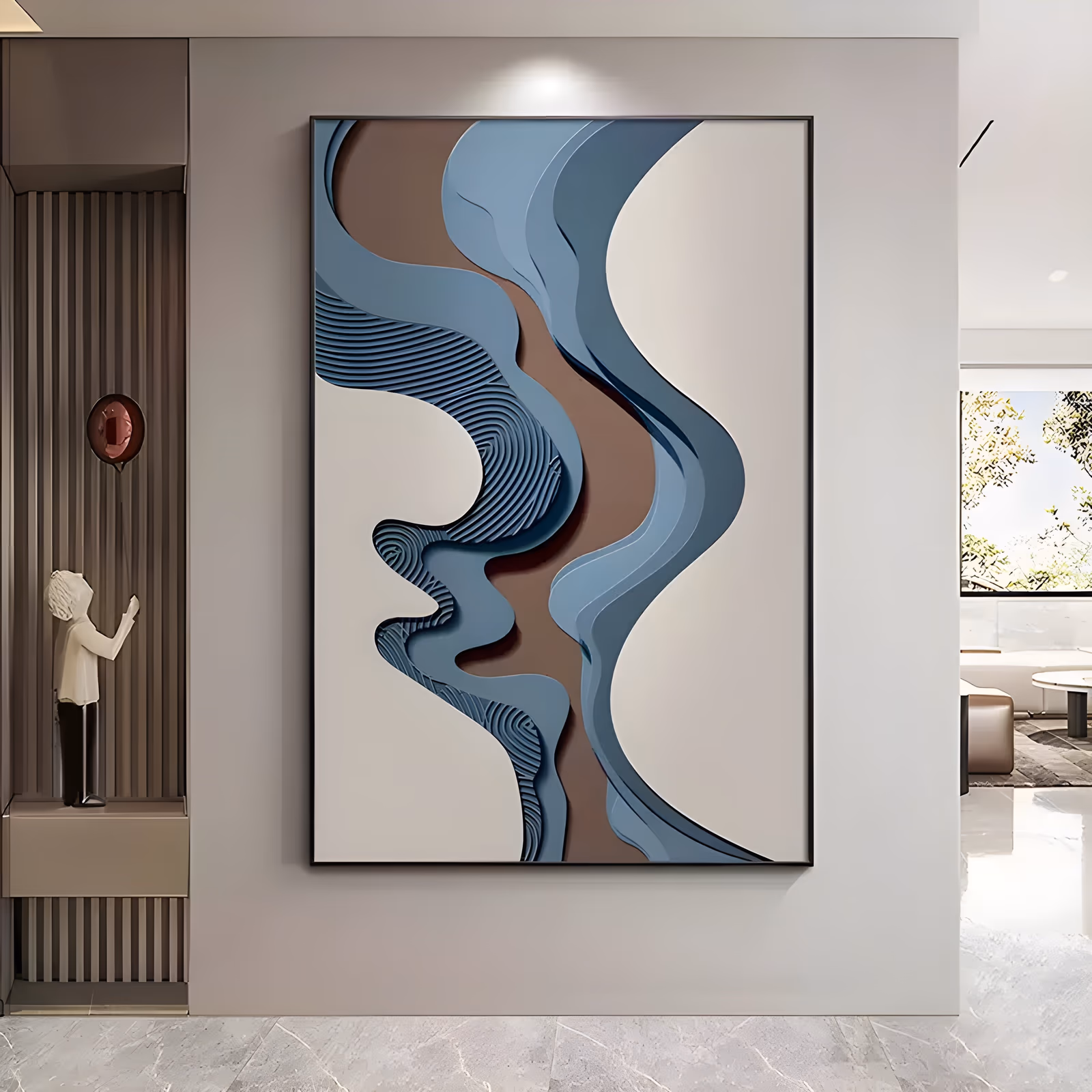 a large vertical sculptural relief painting of layered wavy bands in steel blue, chestnut brown and cream, the blue ridges combed with fine contour lines against smooth off-white panels, in raised 3D plaster
