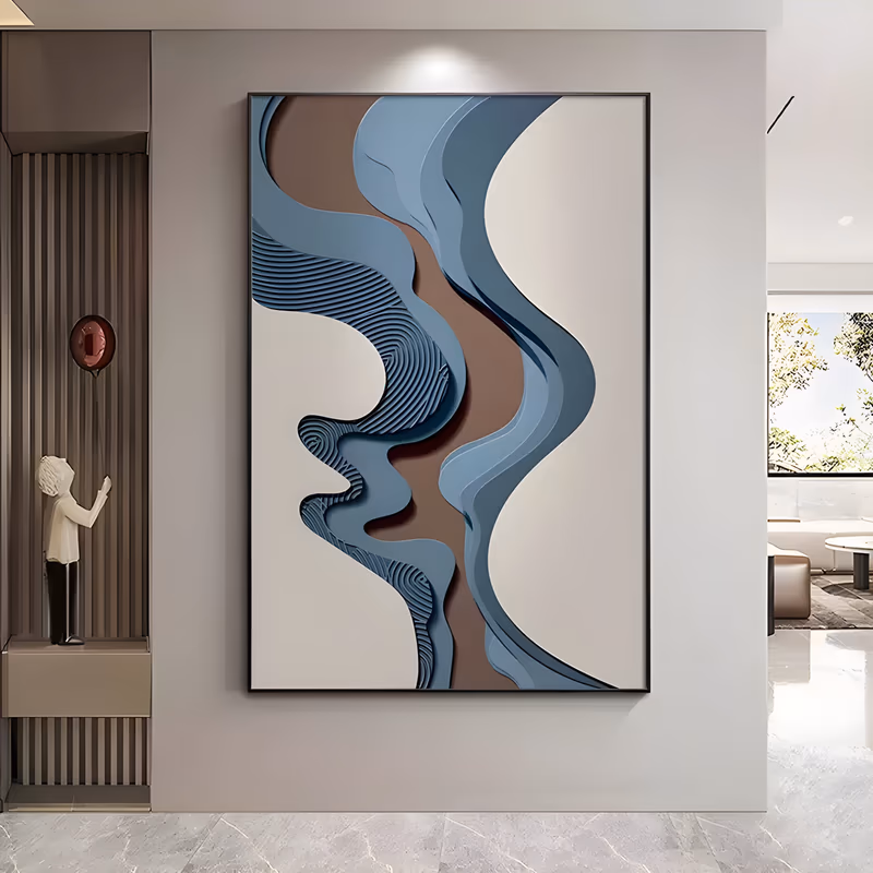 a large vertical sculptural relief painting of layered wavy bands in steel blue, chestnut brown and cream, the blue ridges combed with fine contour lines against smooth off-white panels, in raised 3D plaster