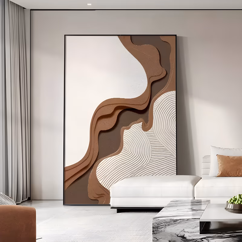 a large vertical relief painting of sweeping terracotta and dark brown bands curving down a cream ground, with a fan of fine combed white ridges in the lower right, in thick sculpted plaster