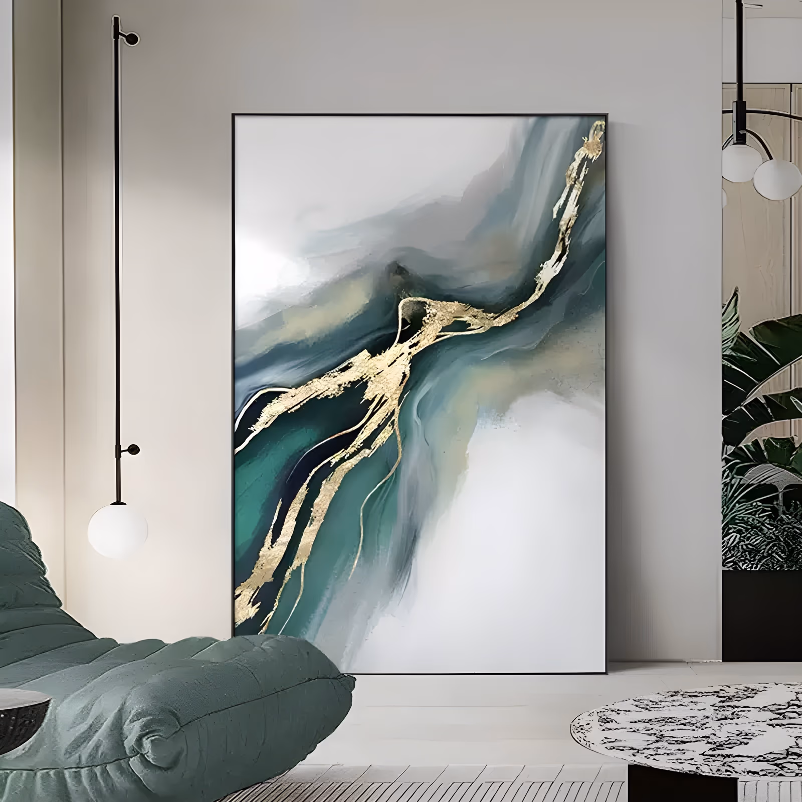 a large vertical abstract painting of soft green and gray currents flowing diagonally over a white ground, with torn gold leaf running along the seam, in blended acrylic and metallic leaf