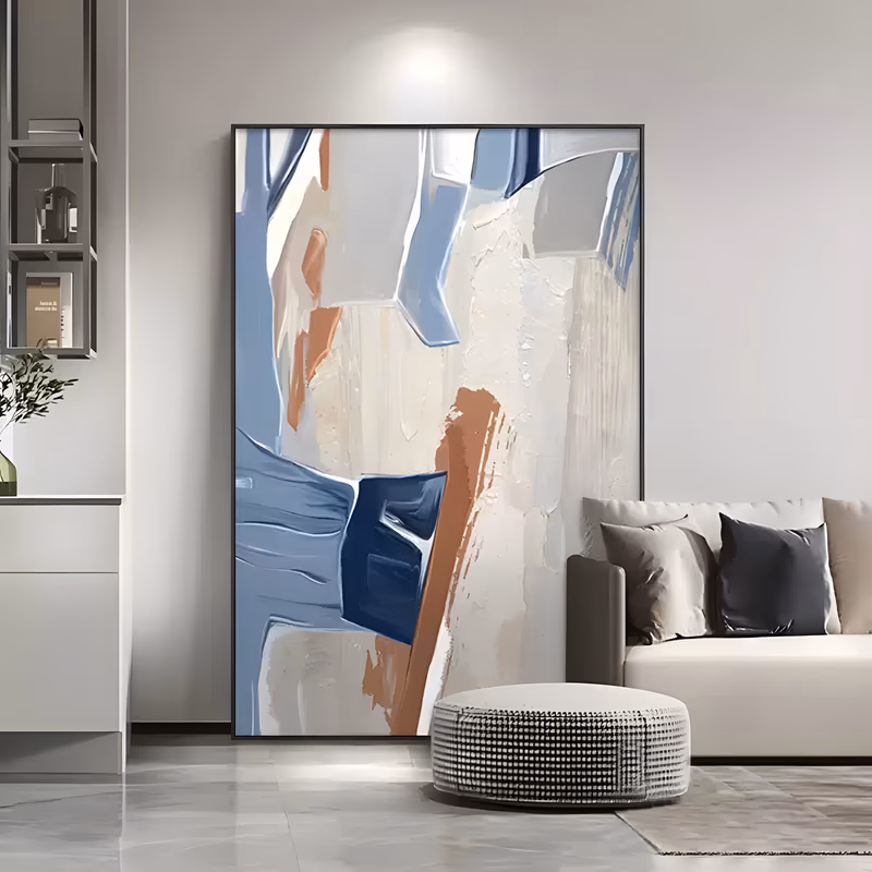a large vertical abstract painting of thick knife-cut blocks in periwinkle blue, deep navy and burnt terracotta over a cream plaster ground, with raised paint edges and scraped chalky white areas
