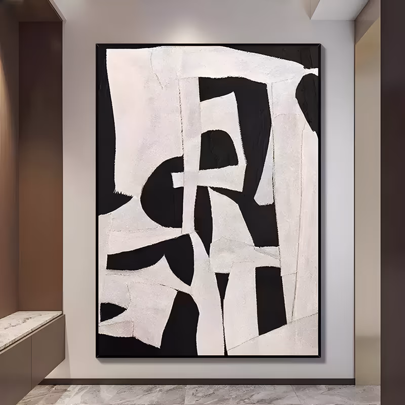 a large vertical abstract painting of overlapping torn cream and off-white paper shapes layered on a matte black ground, their ragged edges forming letter-like negative gaps, in hand-painted collage