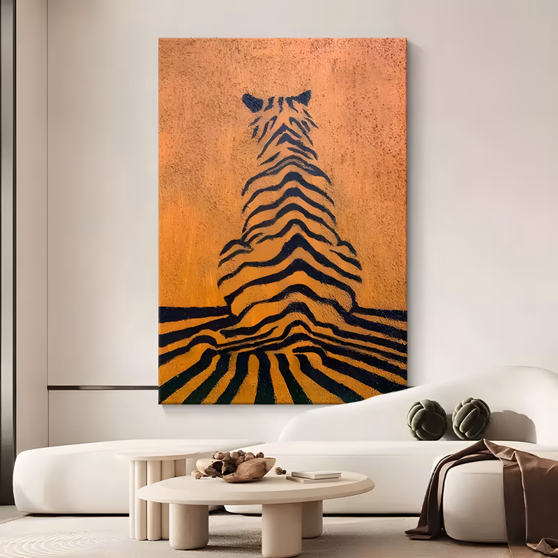 a large vertical stylized painting of a tiger seen from behind at the center of the frame, its black stripes running down its back and spreading into the ground below, on a gritty burnt orange field, in dry acrylic