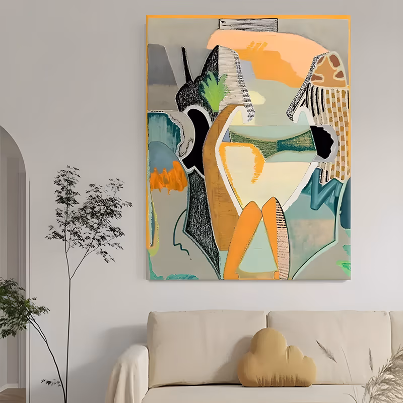 a large vertical cubist abstract painting of overlapping sage green, peach, mustard orange and teal shapes on a warm gray ground, many filled with fine hatched pencil striping, in flat brushed acrylic