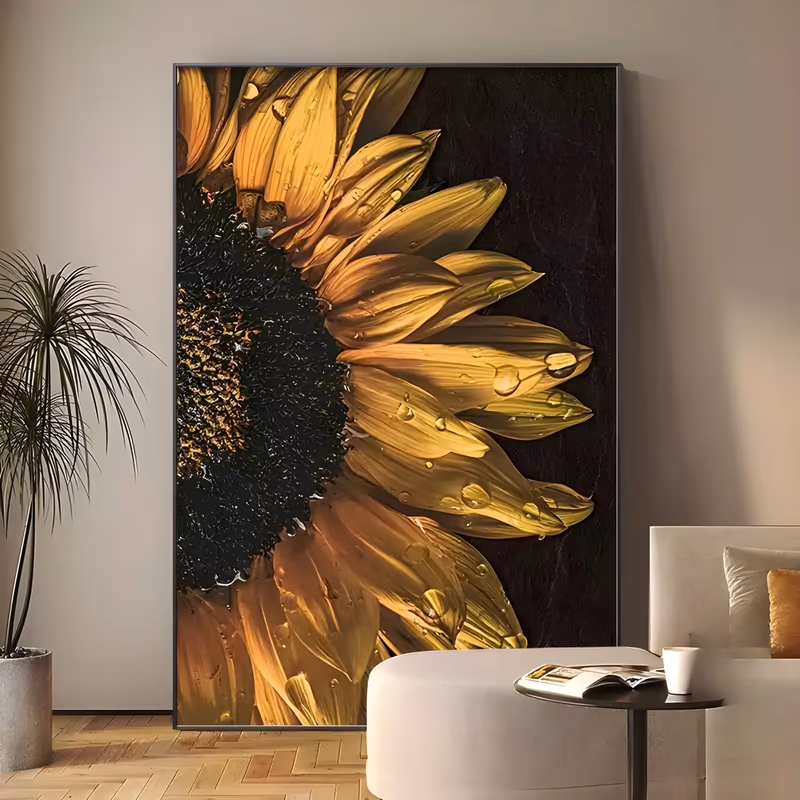a large vertical realist painting of a sunflower in close-up filling the left half of the frame, its gold and amber petals beaded with water droplets around a dark seed center, on a near black ground, in oil