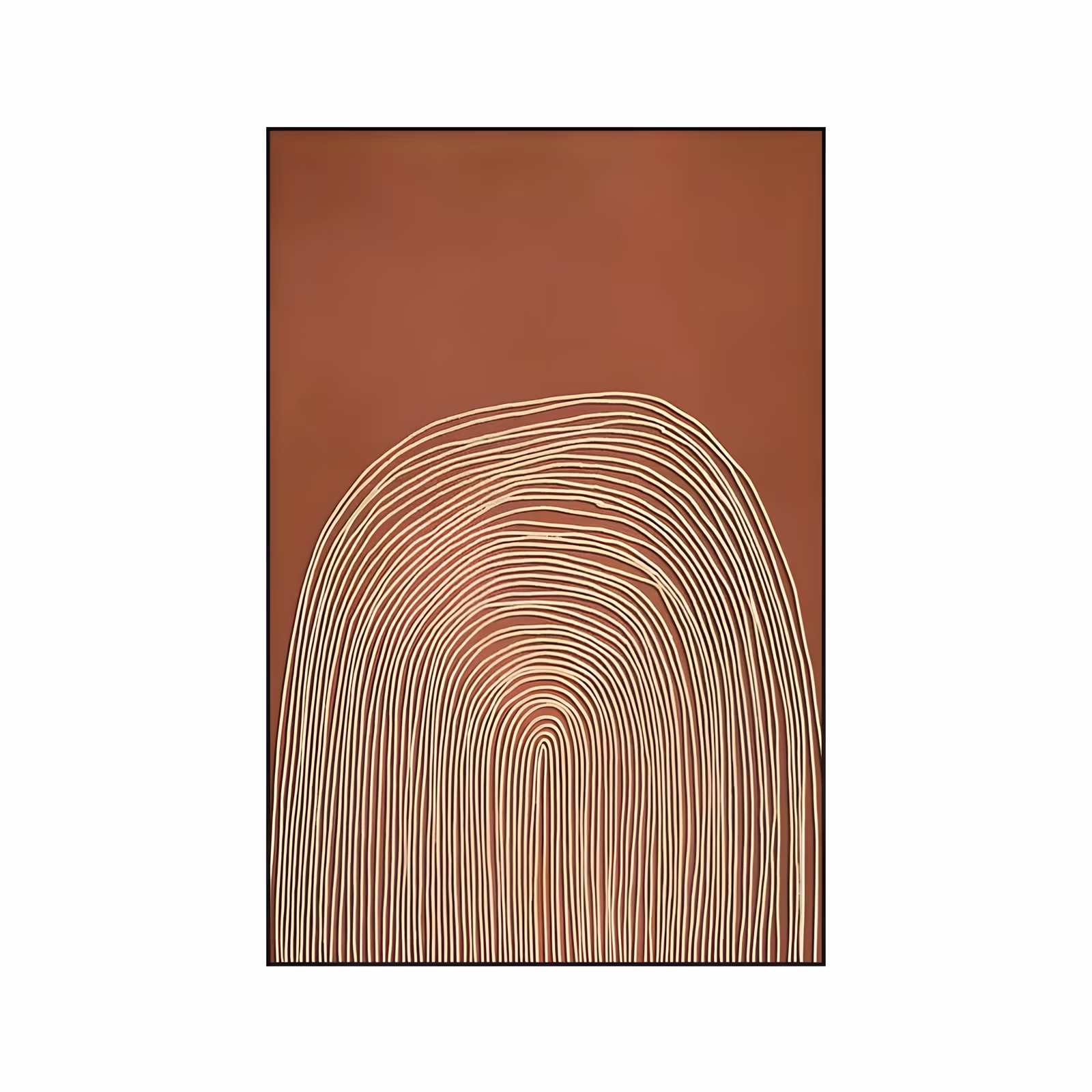 a large vertical minimalist painting of concentric cream and pale gold arch lines rising from the bottom edge in a tall dome shape on a deep terracotta ground, built in raised ridges of paint