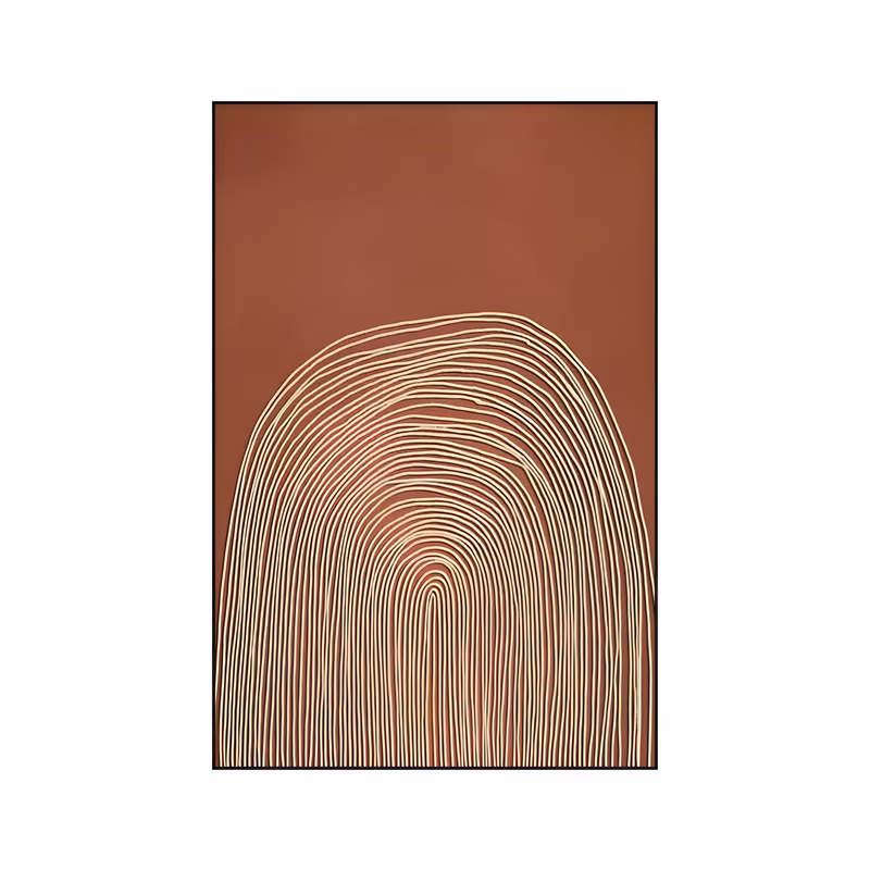 a large vertical minimalist painting of concentric cream and pale gold arch lines rising from the bottom edge in a tall dome shape on a deep terracotta ground, built in raised ridges of paint