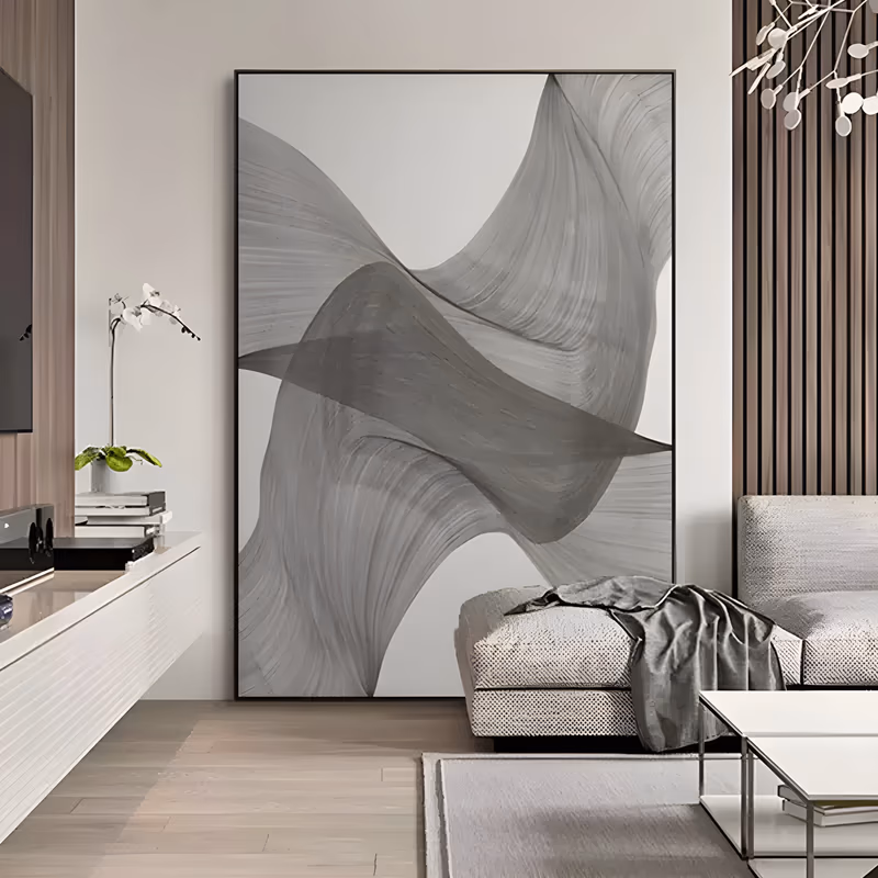 a large vertical abstract painting of two translucent gray ribbons twisting through the center of a white ground, their surfaces raked with fine brush striations, in thin dry-brushed acrylic