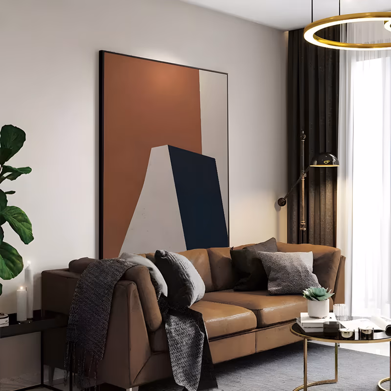 a large vertical minimalist painting of flat angular blocks, a rust terracotta field at the left, a pale cream wedge at the center and a dark navy slab tilting to the right, in smooth matte hand-painted color