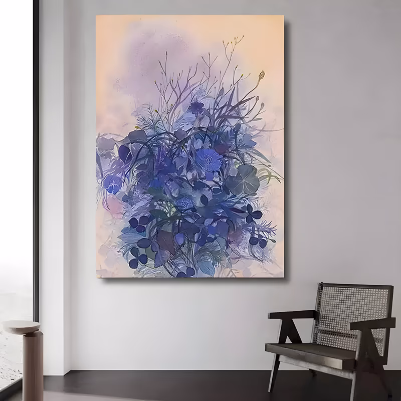 a large vertical impressionist wall art of a loose bouquet of blue and violet wildflowers with thin seed-head stems rising from the center, spreading over a warm peach and lilac ground, in soft washed acrylic