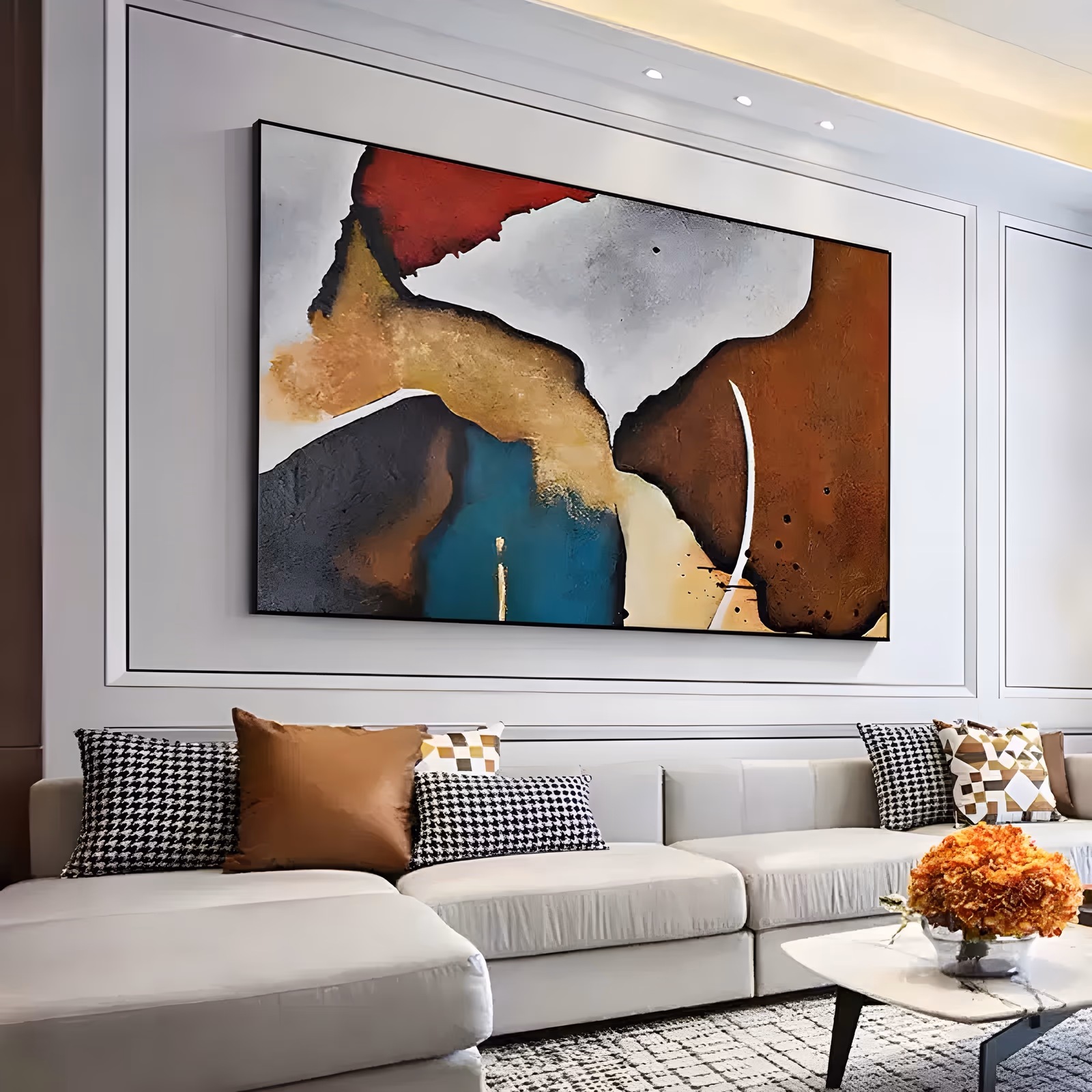 a large horizontal abstract painting of earth-tone fields with rust brown and charcoal shapes on the right, a teal blue block low in the center, tan ochre sweeps and a pale gray sky above, in thick textured oil