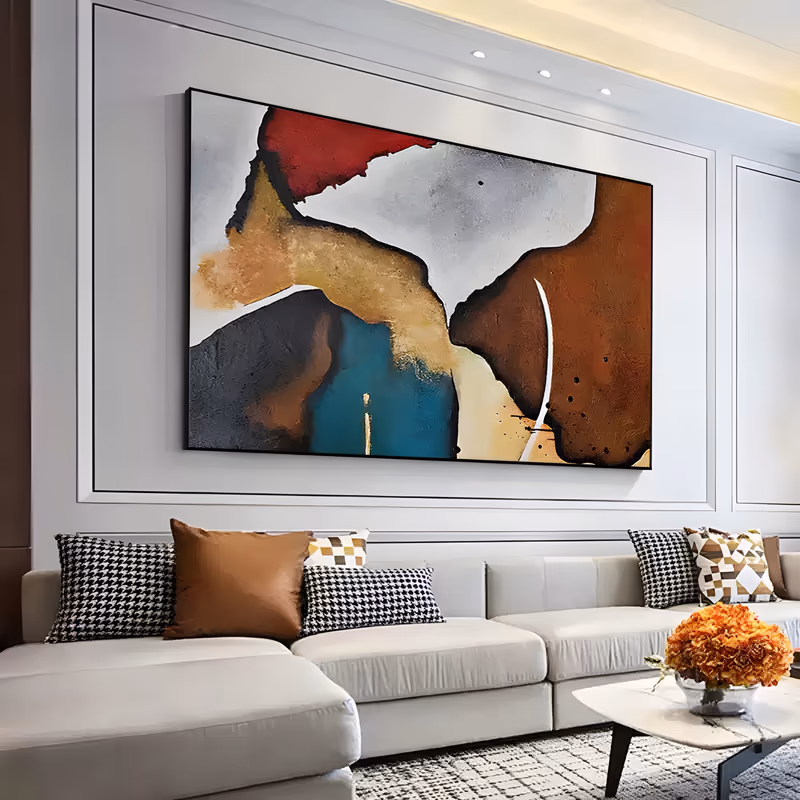 a large horizontal abstract painting of earth-tone fields with rust brown and charcoal shapes on the right, a teal blue block low in the center, tan ochre sweeps and a pale gray sky above, in thick textured oil