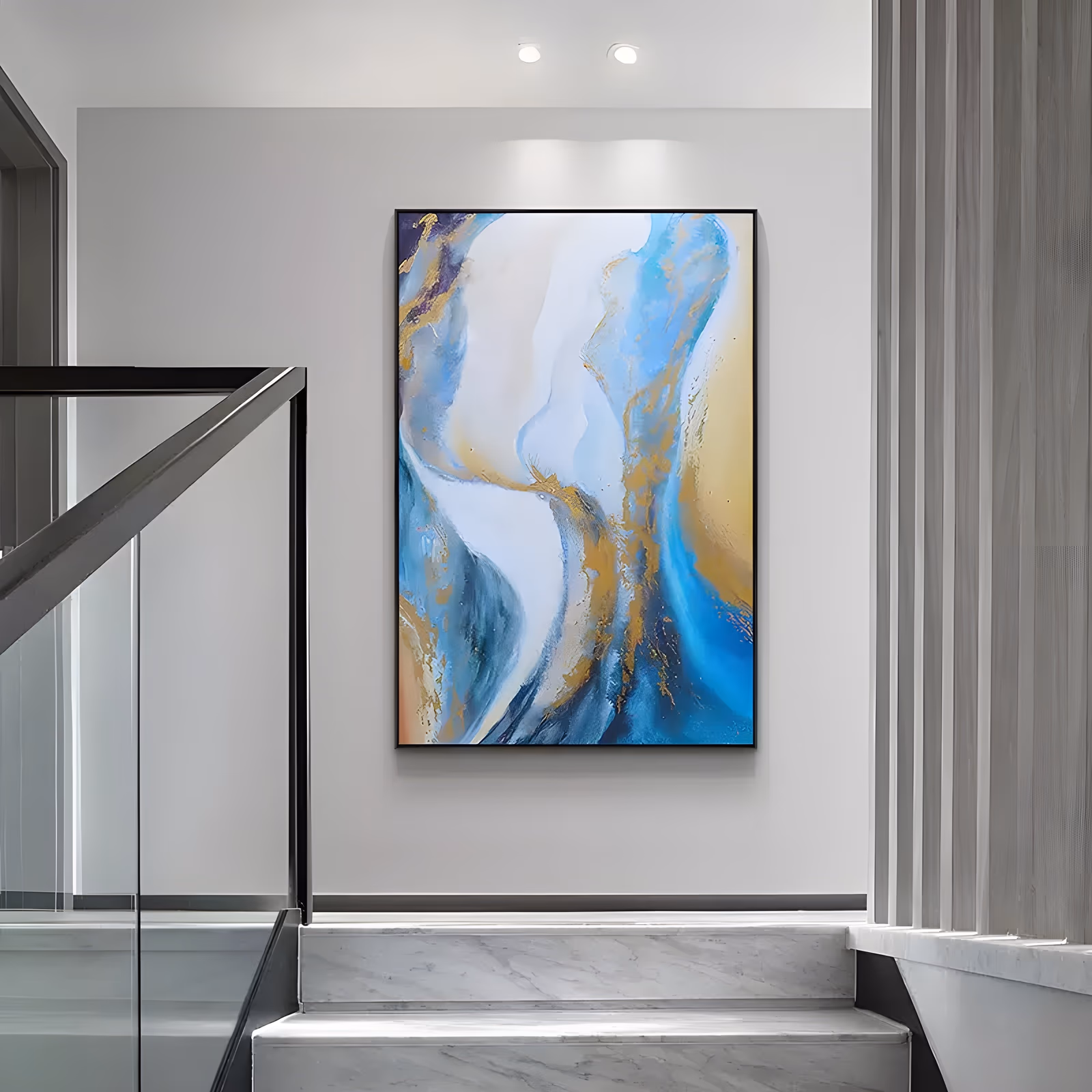 a large vertical abstract painting of marbled currents, a pale white channel running up the middle between sweeps of sky blue, deep teal and ochre gold, in smooth blended acrylic