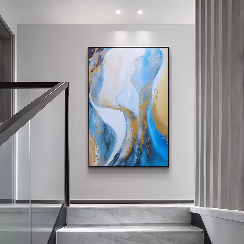 a large vertical abstract painting of marbled currents, a pale white channel running up the middle between sweeps of sky blue, deep teal and ochre gold, in smooth blended acrylic