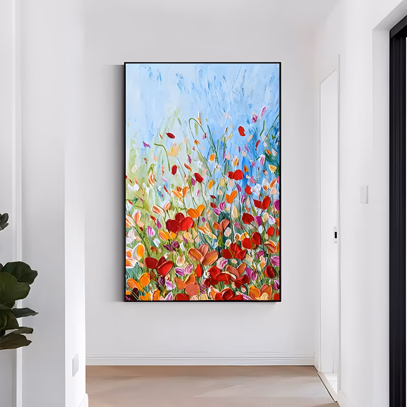 a large vertical palette-knife painting of red, orange and pink poppies and wildflowers on slim green stems in the lower two thirds, with a pale blue sky above, built in thick sculpted acrylic