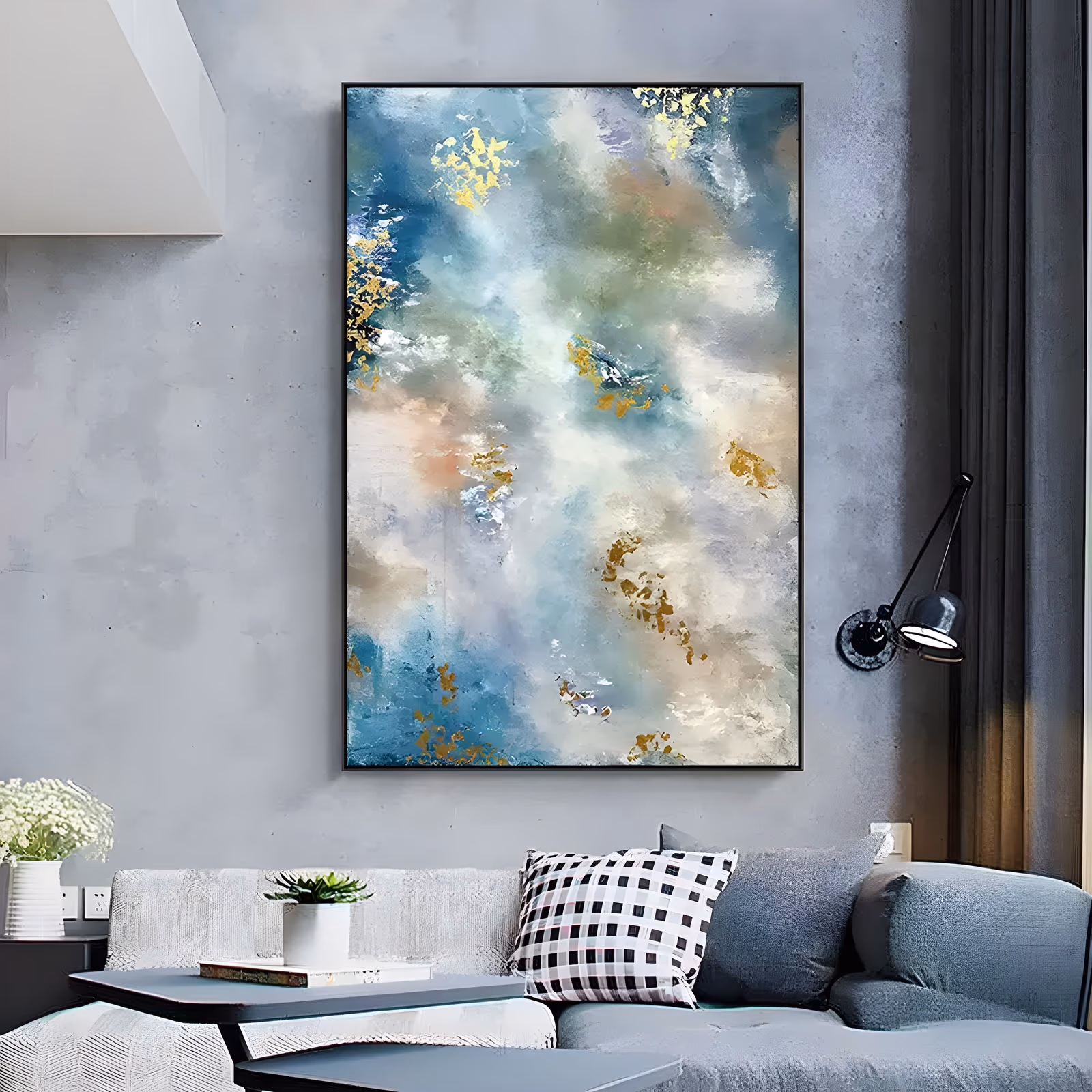 a large vertical abstract painting of misty cloud banks in soft blue, sage green and cream, scattered with irregular gold leaf flakes that cluster down the left edge, in brushed acrylic