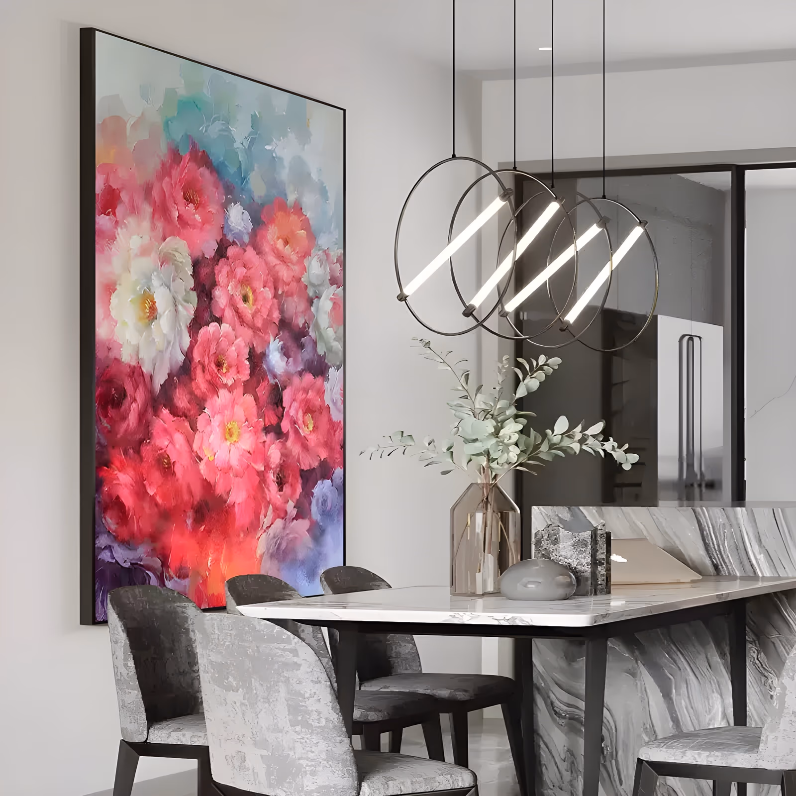 a large vertical impressionist painting of massed pink, crimson and white blooms filling the lower frame under a pale turquoise and lilac haze, petals blended in soft wet-on-wet oil rather than knife work
