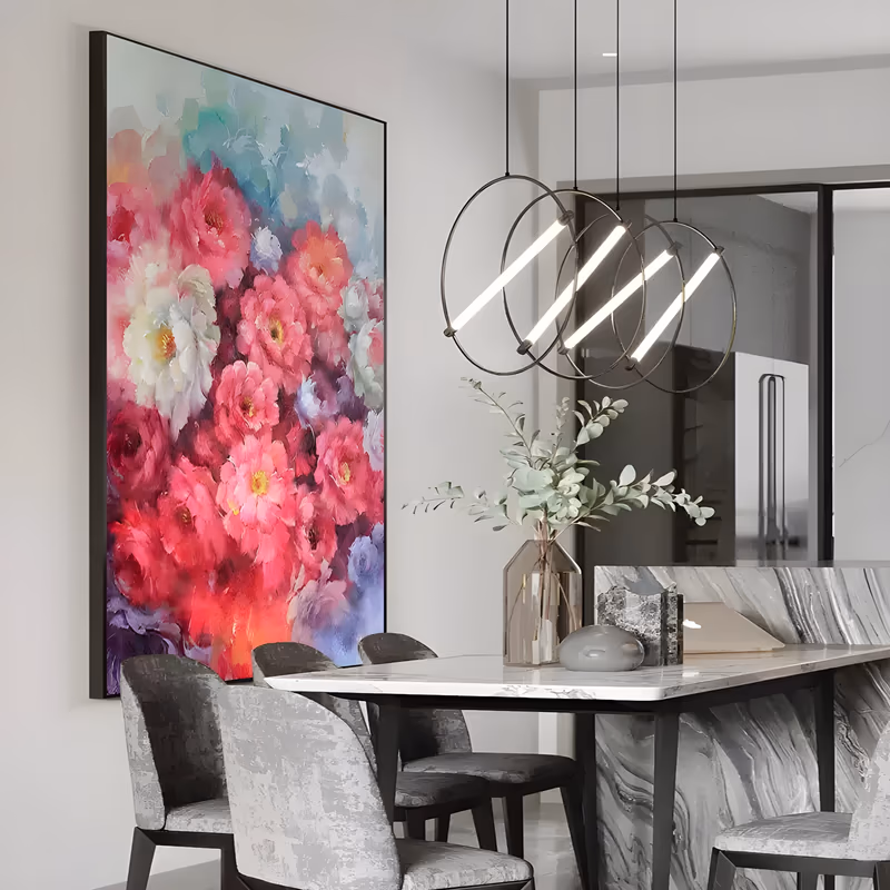 a large vertical impressionist painting of massed pink, crimson and white blooms filling the lower frame under a pale turquoise and lilac haze, petals blended in soft wet-on-wet oil rather than knife work