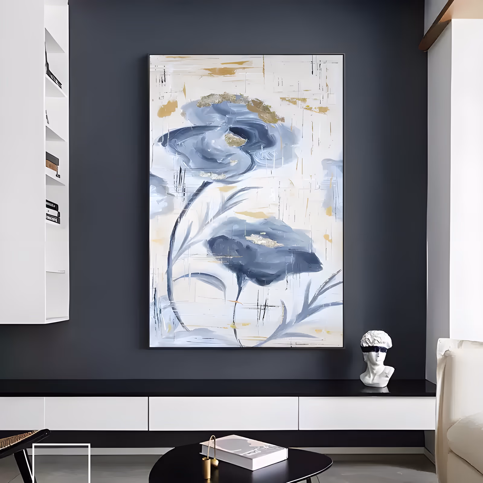 a large vertical minimalist floral painting of two loose blue-gray blooms on curving stems, set on a cream ground streaked with gold leaf and fine dark drawn marks, in thick palette-knife acrylic