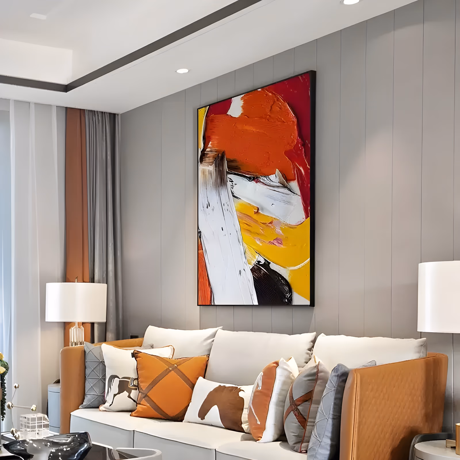 a large vertical abstract painting made of a few wide palette-knife slabs, burnt orange at the top, a white sweep down the middle, a yellow block at the lower right and black wedges, in heavy knife-loaded paint