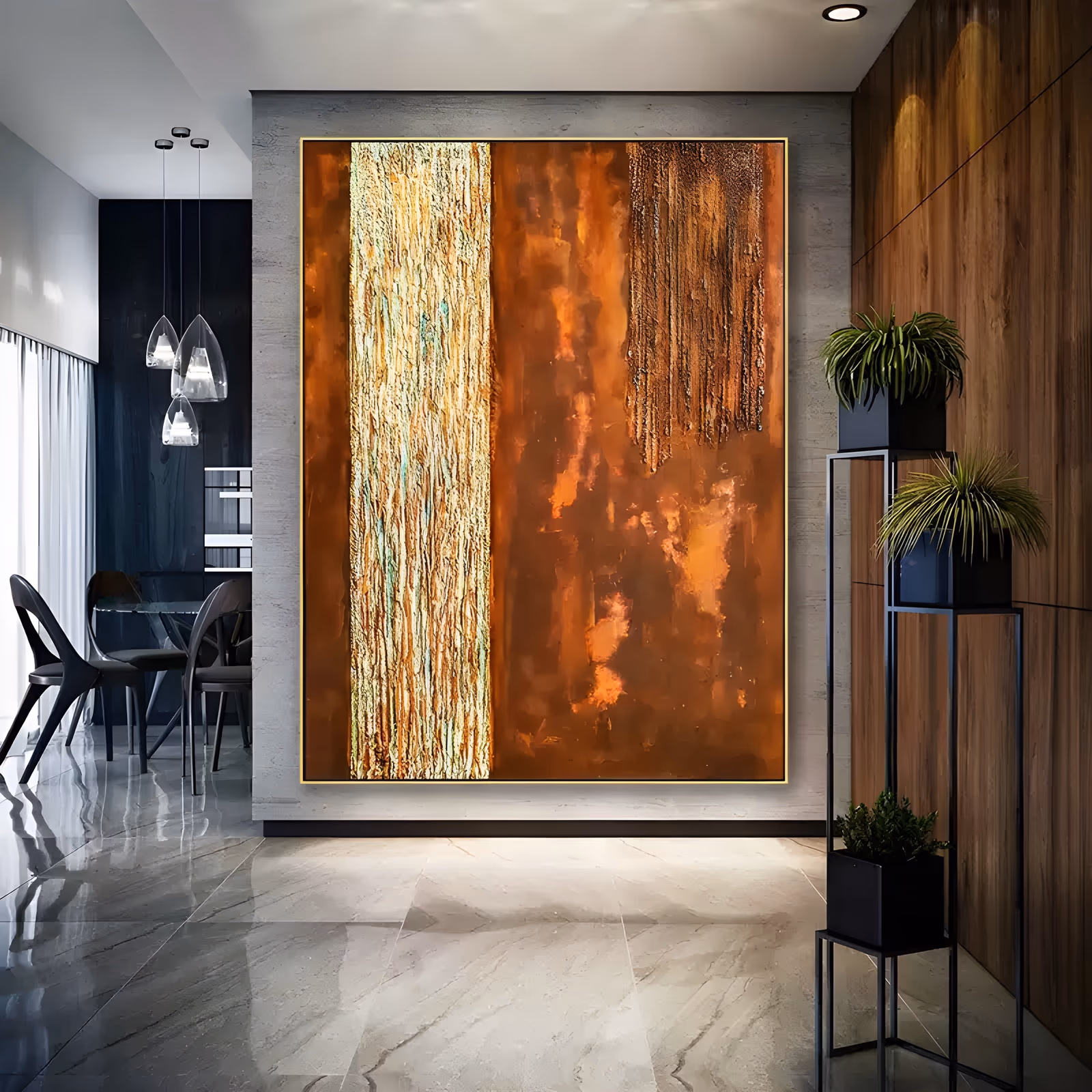 a large vertical abstract painting with a raised gold and cream stripe running down the left third, set on a burnt rust orange field with a darker dripped band at the top right, in heavy textured impasto