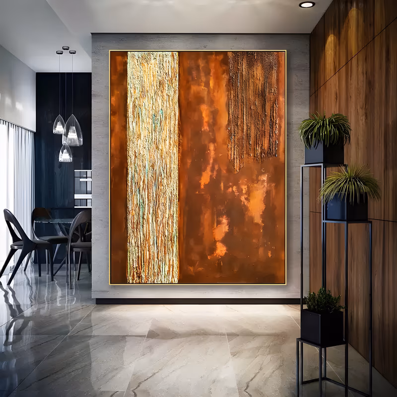 a large vertical abstract painting with a raised gold and cream stripe running down the left third, set on a burnt rust orange field with a darker dripped band at the top right, in heavy textured impasto