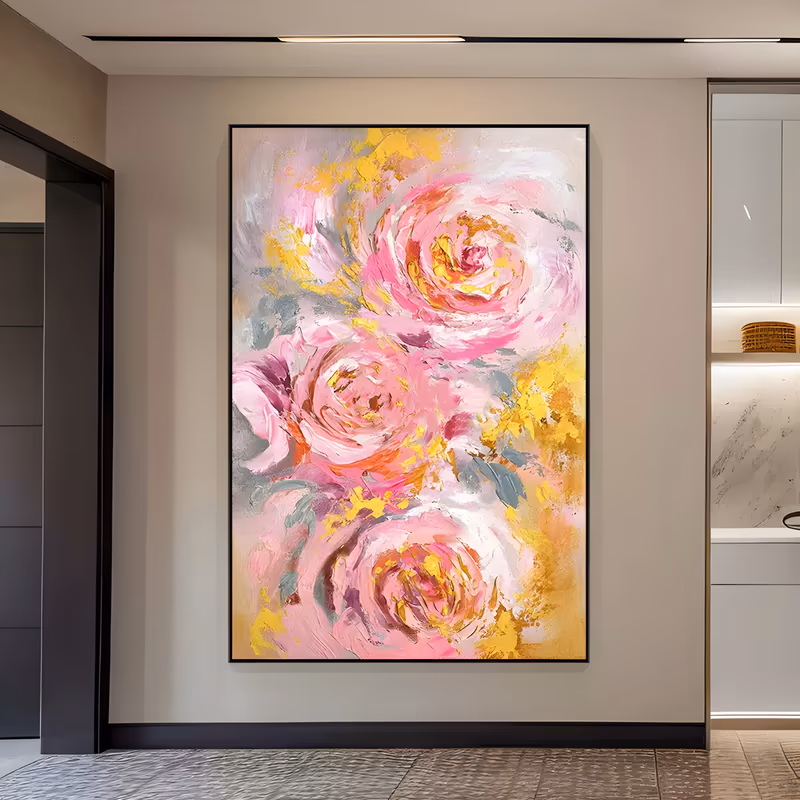 a large vertical impressionist painting of three oversized pink roses stacked down the center of the frame, edged with gray-green leaves and bright yellow gold passages, worked in thick creamy paint