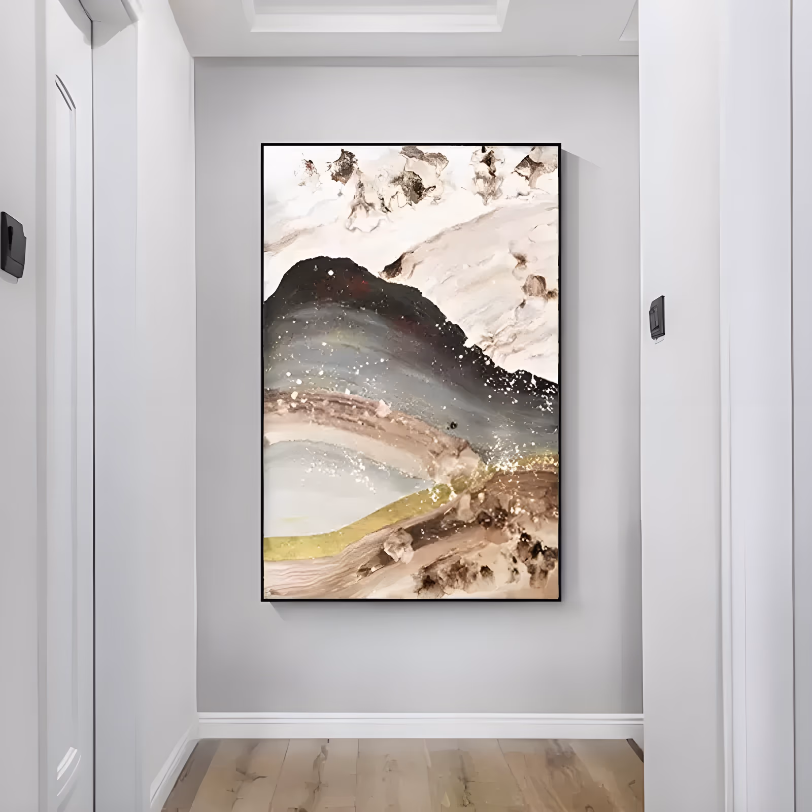 a large vertical abstract landscape painting of a dark speckled mountain rising under a cream sky, with a gold band and pale blue water below, built in heavy sculpted plaster relief