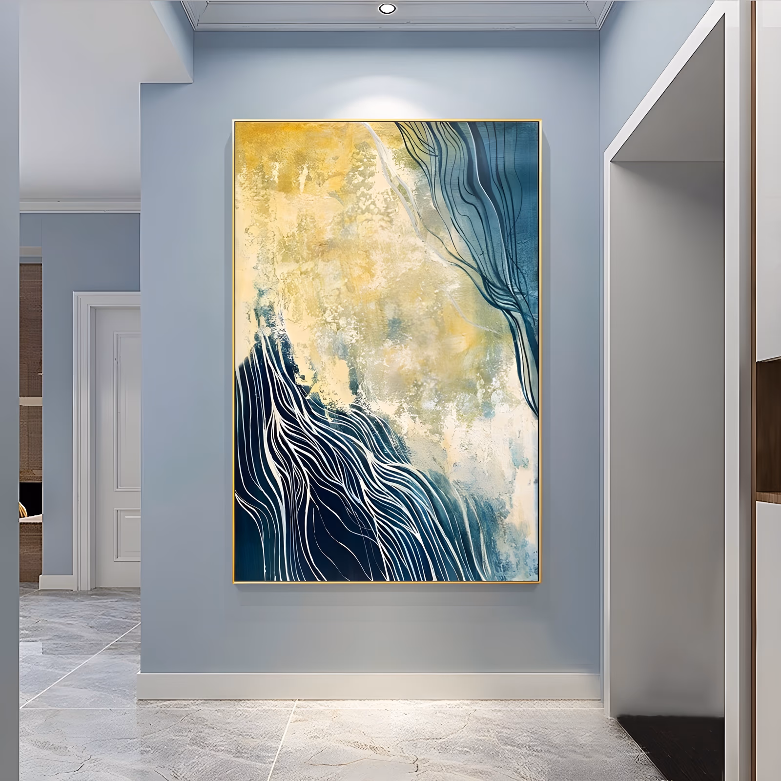 a large vertical abstract painting of dark teal waves rising from the lower left over a mottled gold and cream field, threaded with fine white contour lines, in smooth hand-painted acrylic
