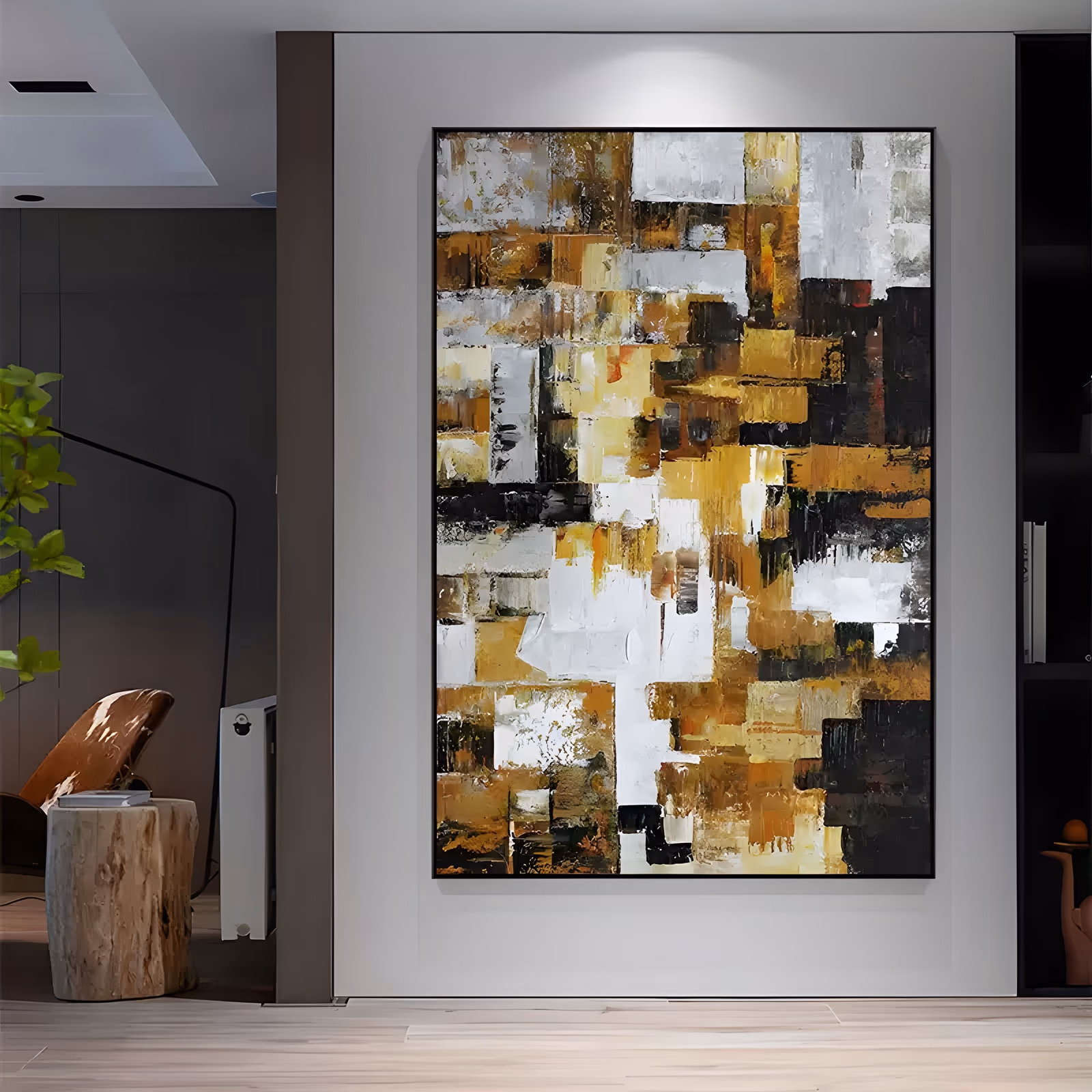 a large vertical abstract painting of stacked rectangular blocks in gold, ochre, white, black and brown, layered like brickwork over the whole surface, in thick dragged palette-knife impasto