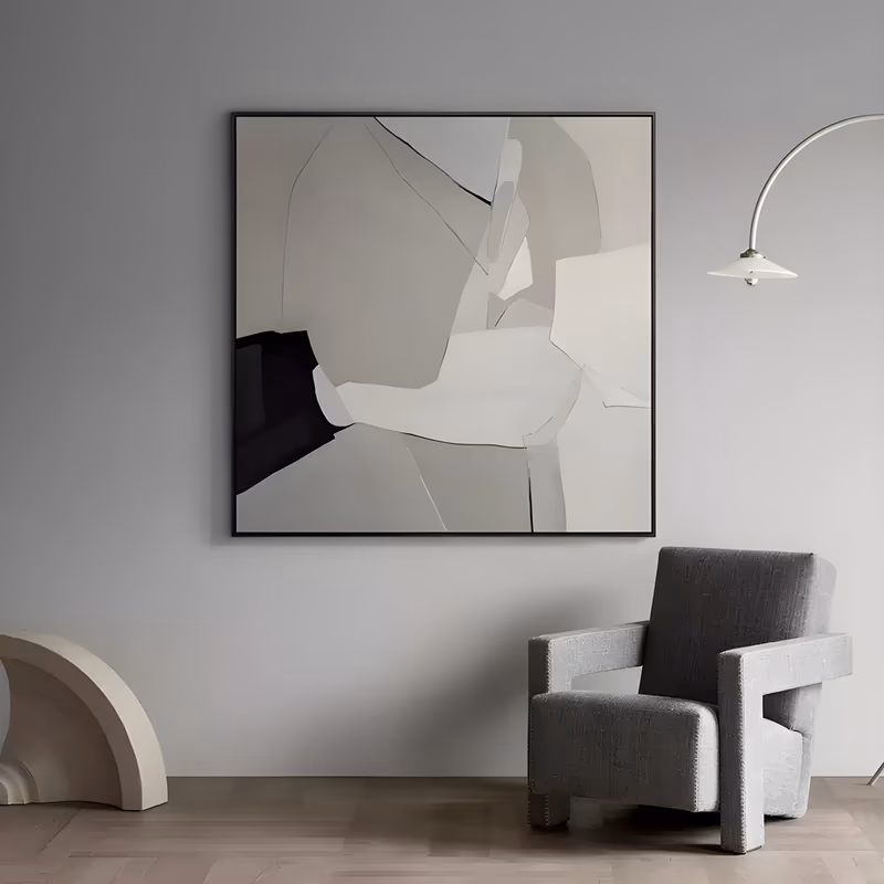 a large square minimalist painting of overlapping soft gray, cream and white planes with a dark charcoal shape in the top left corner, a small black block at the center and one thin drawn line, in flat acrylic