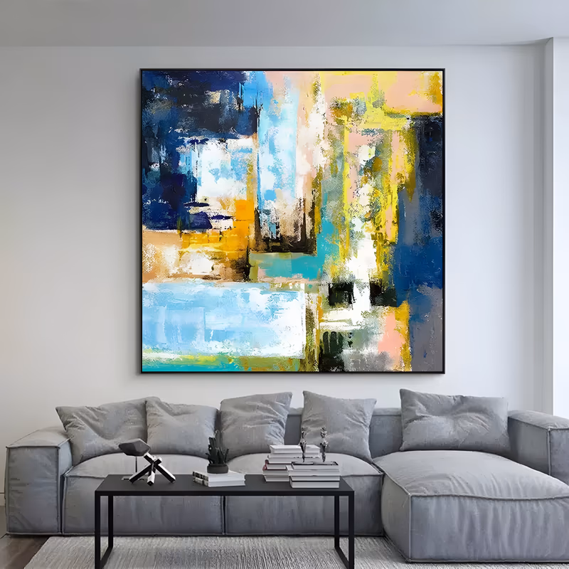 a large square abstract painting of stacked rectangles in navy, sky blue, turquoise, lemon yellow and soft pink, layered like overlapping windows with white and black edges, in thick palette-knife acrylic