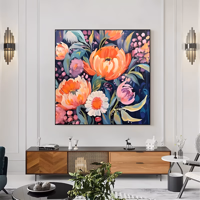 a large square floral painting of coral and orange peonies, soft pink tulips and one white daisy packed together with teal and sage leaves against a dark navy ground, in bold flat brushwork