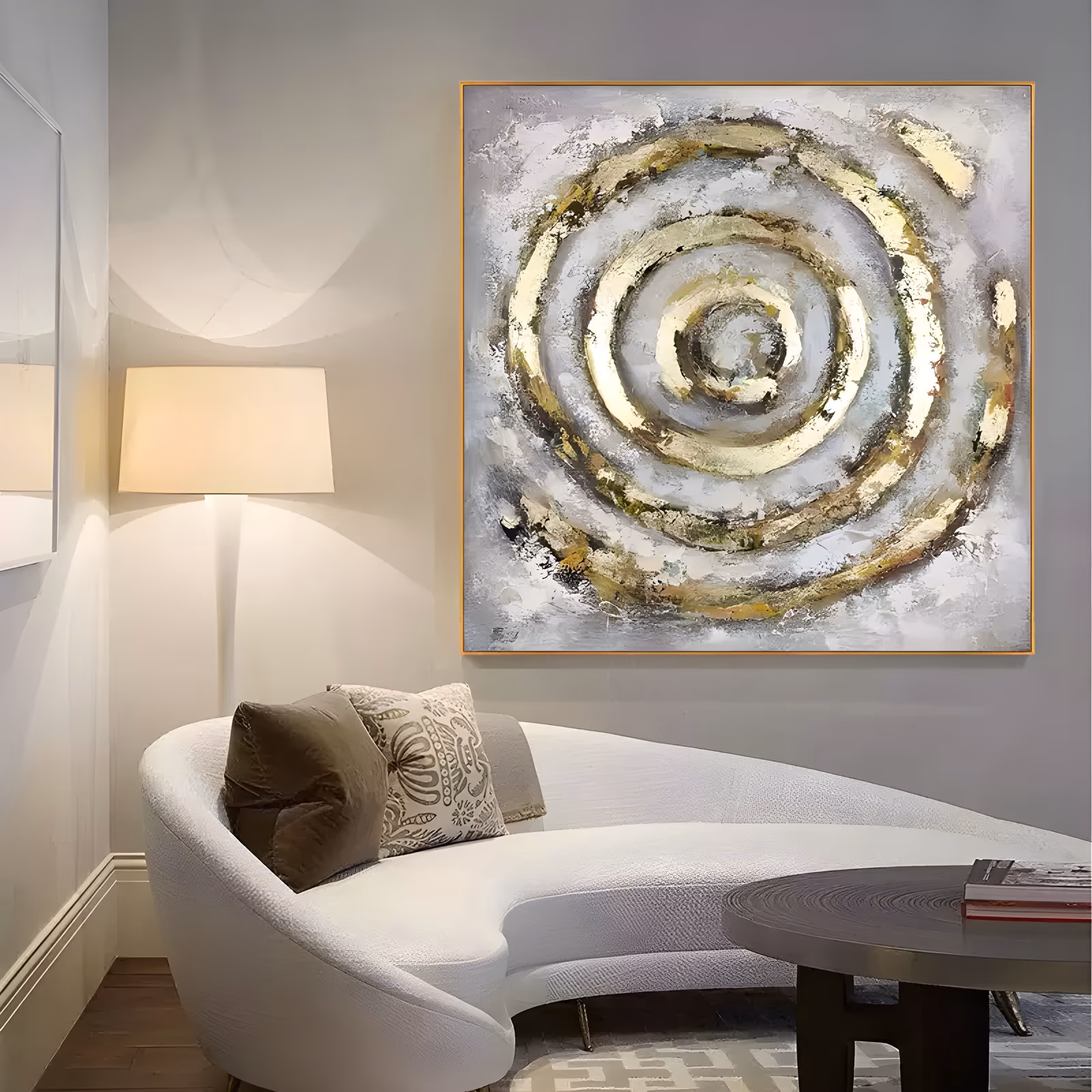 a large square abstract painting of gold and bronze concentric rings circling out from an off-center core over a mottled gray and white ground, in thick scraped palette-knife impasto