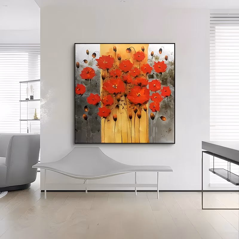 a large square textured painting of red poppies and closed buds on long dark stems, rising over a vertical gold band that runs down the middle of a mottled gray ground, in thick knife-applied oil