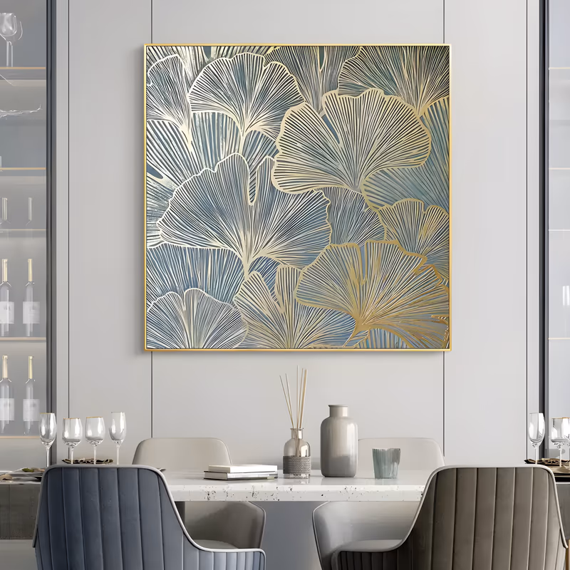 a large square botanical painting of overlapping ginkgo leaves in sage blue and gray with fine gold and cream fan lines, layered from corner to corner, in hand-painted acrylic with gilded detail
