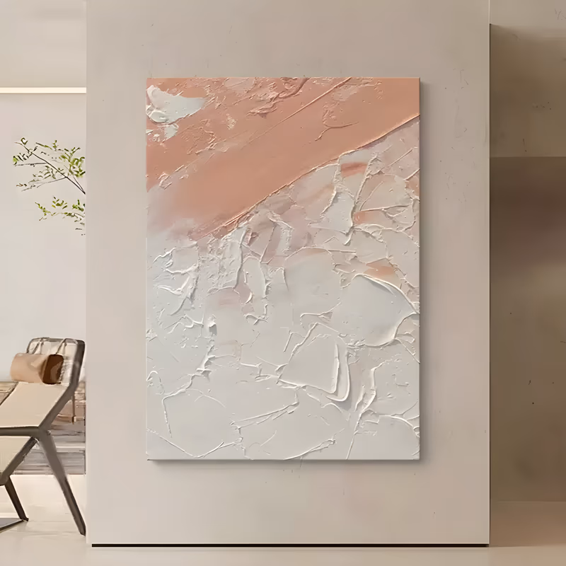 a large vertical relief painting with a peach-terracotta band running diagonally over the top third above a field of thick white plaster patches and broken plates, in deep sculpted relief
