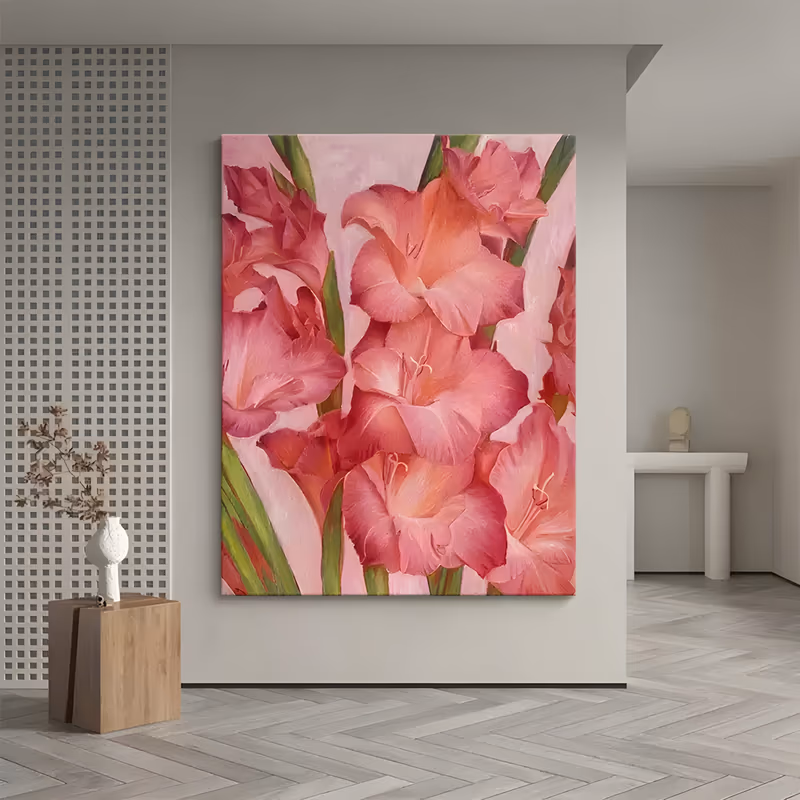 a large vertical realist floral painting of coral and deep pink gladiolus flowers opening on upright green stems, their ruffled petals crowding the frame against a pale pink ground, in smooth hand-painted oil