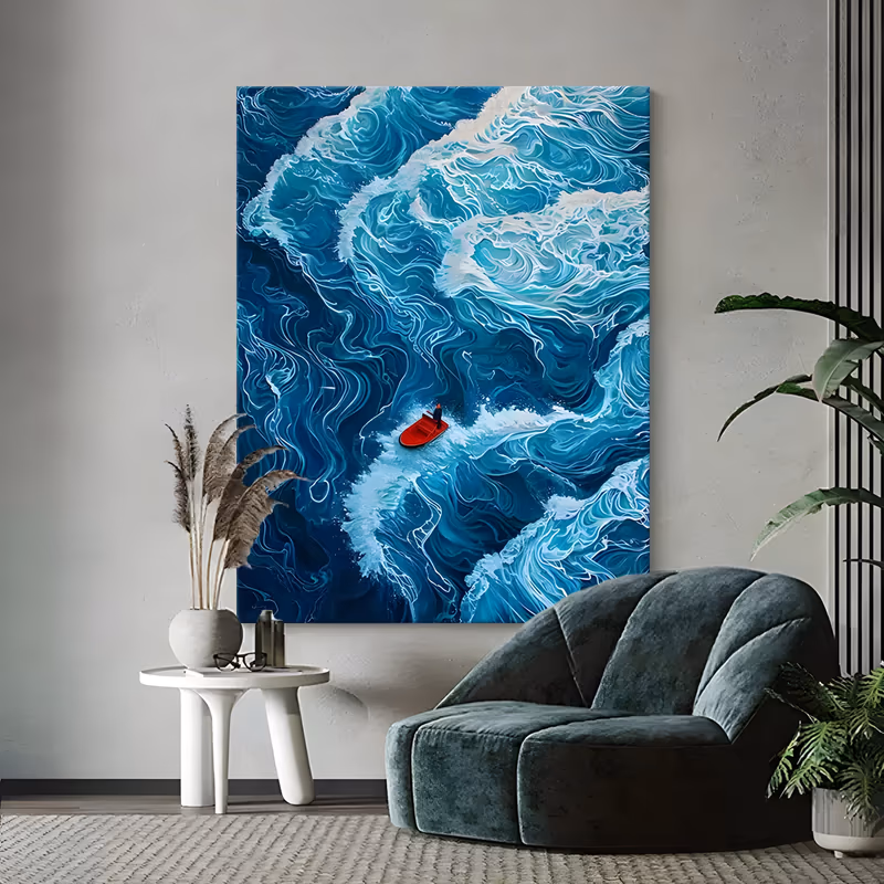 a large vertical painting viewed from above of swirling blue and turquoise ocean currents ringed with fine white foam lines, a tiny red boat carrying one figure near the center, in smooth flat acrylic