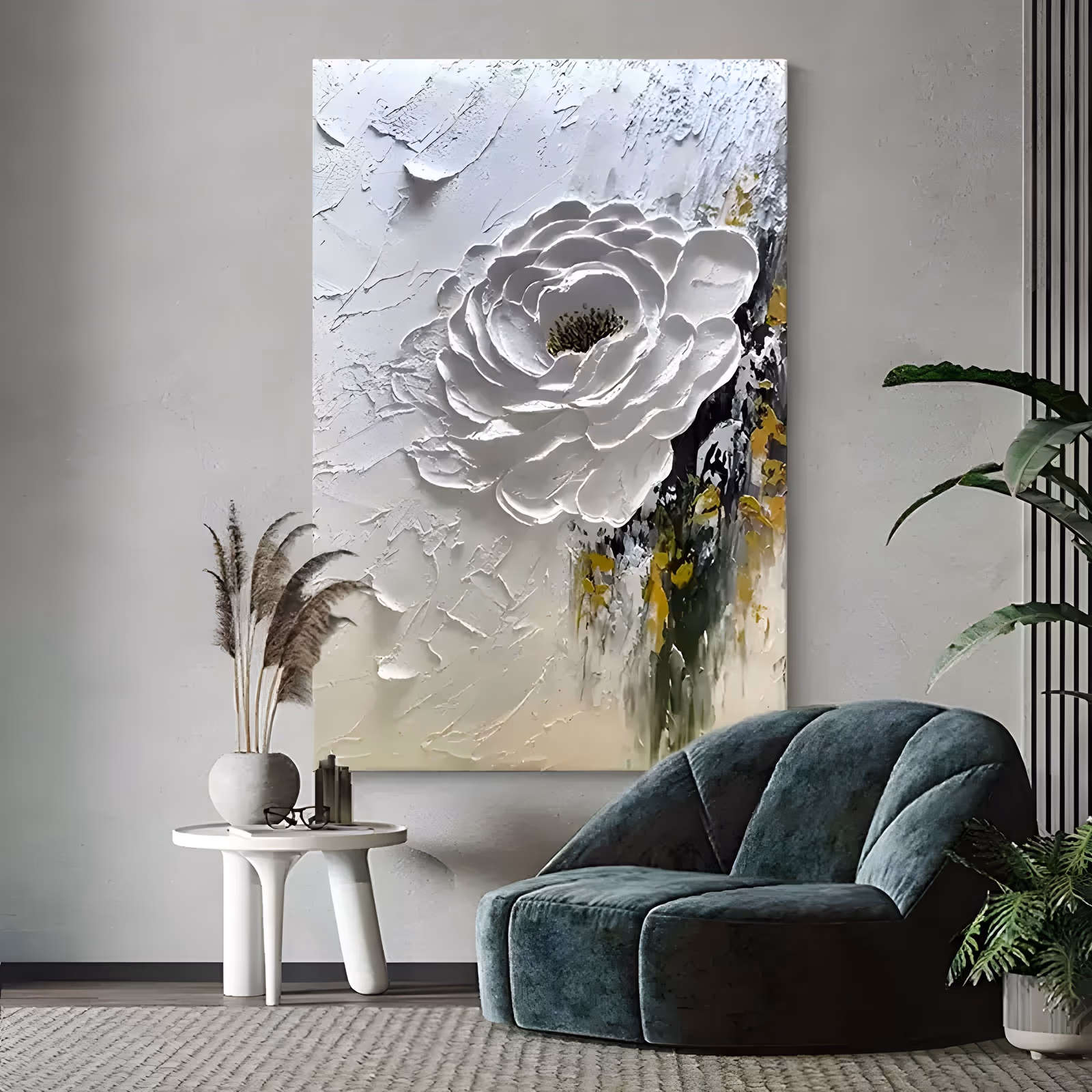 a large vertical relief painting of one white peony sculpted in thick raised plaster at the center, set on a pale troweled ground with a column of black and mustard yellow drips running down the right edge