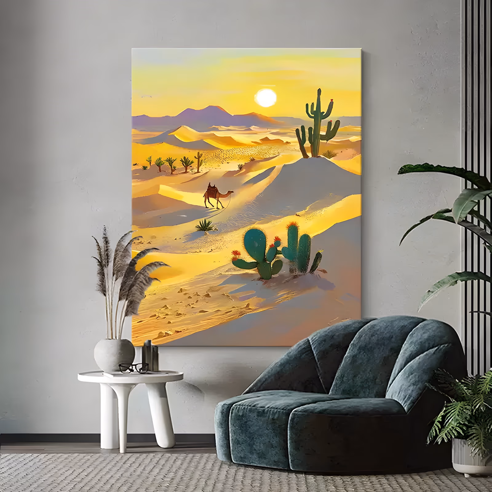 a large vertical stylized painting of golden sand dunes with a lone camel and rider crossing the center, flowering cacti in the foreground and a white sun low over purple hills, in smooth flat acrylic
