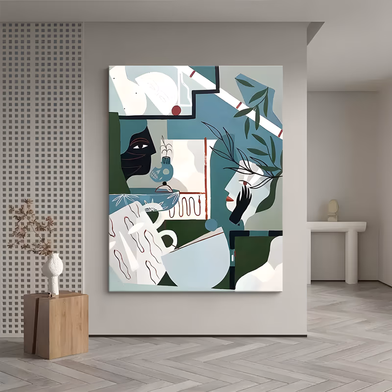 a large vertical stylized collage painting of two profile faces, one black and one cream, among olive branches, a blue jug, bowls and cups in teal, sage green, dark green and cream, in flat matte acrylic