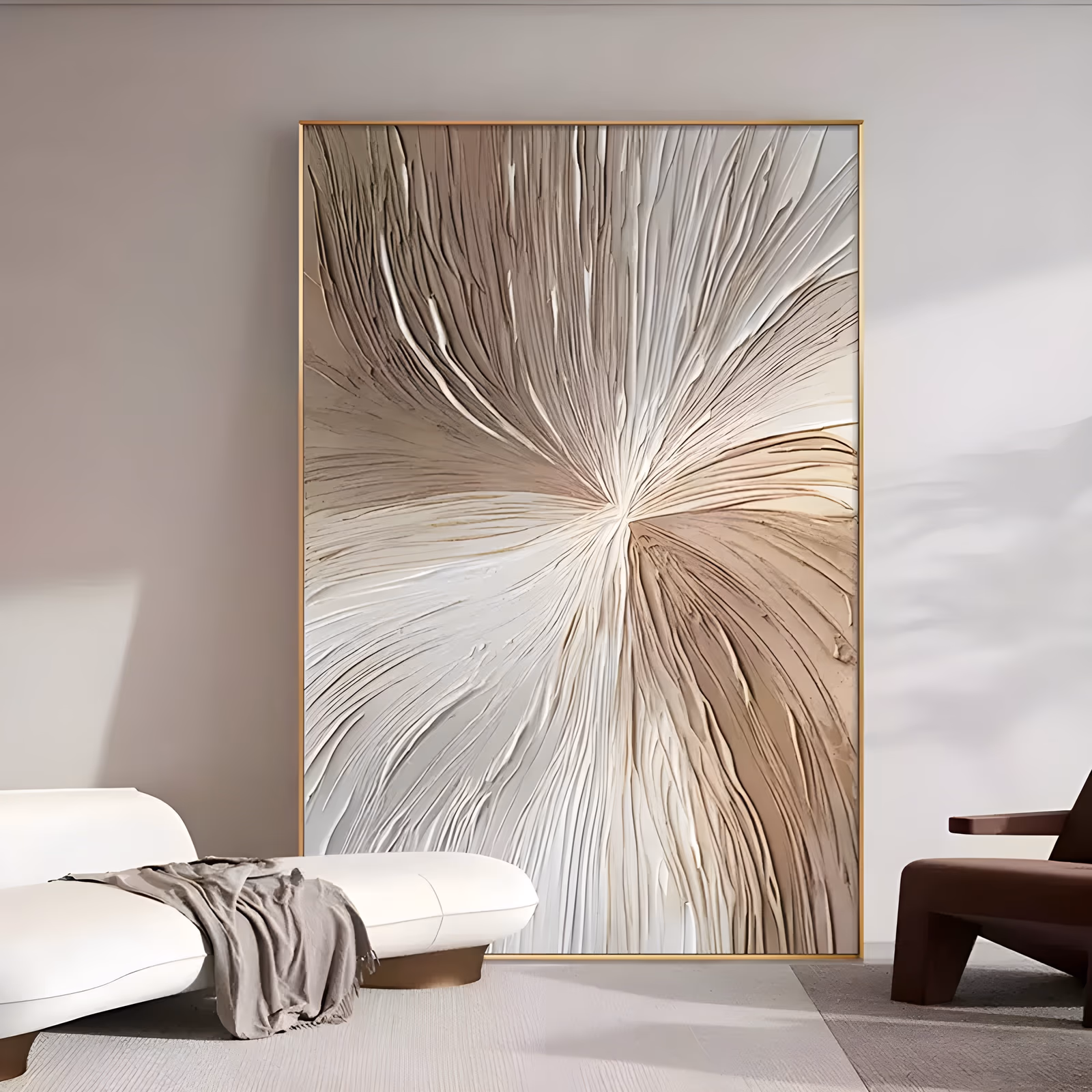 a large vertical relief painting of ridged plaster lines radiating from an off-center point, cool white and pale gray on the left and warm tan and brown on the right, like a fan of pressed fabric, in sculpted plaster