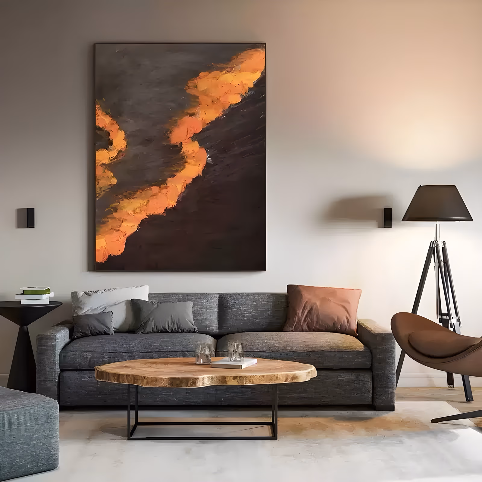 a large vertical abstract painting of a diagonal band of glowing orange and amber impasto blooms rising from the lower left over a dark brown and black field, in heavy sculpted knife work