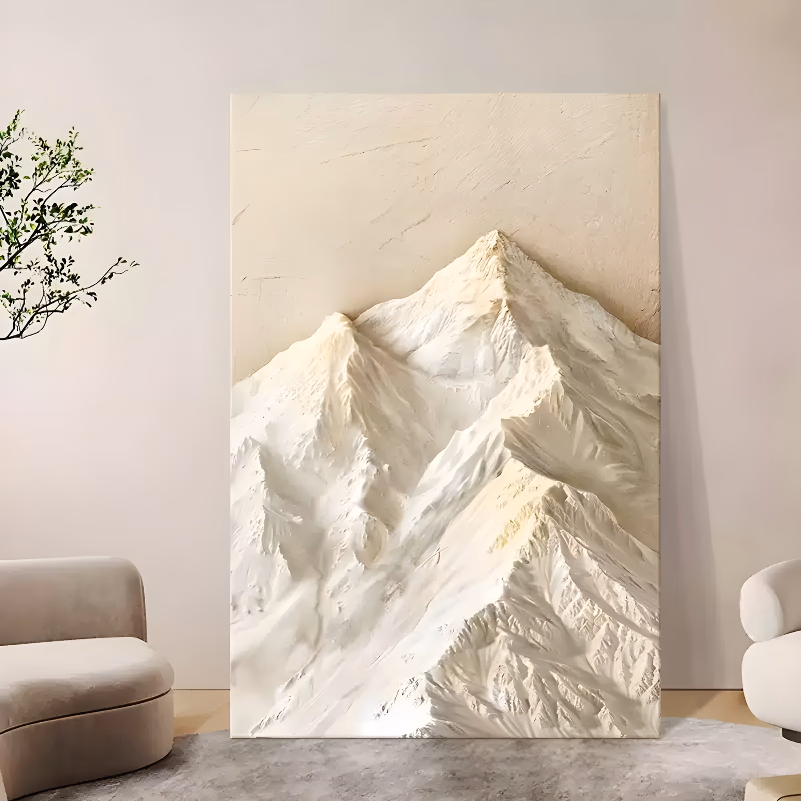 a large vertical monochrome relief painting of a cream plaster mountain peak with ridged snow gullies, a row of sculpted tulips and one small butterfly along the base, all in raised white plaster