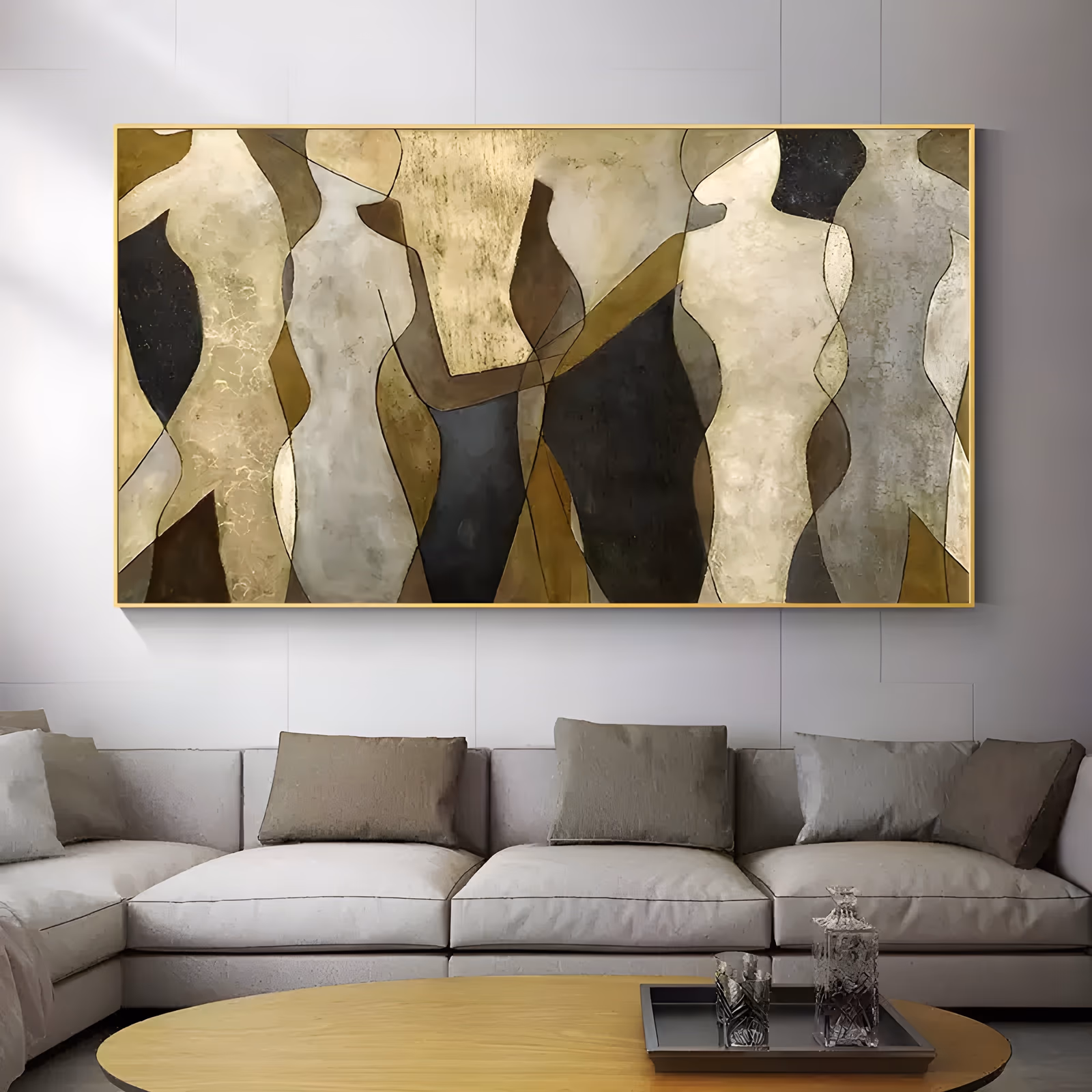 a wide horizontal cubist painting of six faceted standing nude figures overlapping in a row, rendered in gold leaf, cream, brown, gray and black with thin drawn contour lines, in flat gilded acrylic