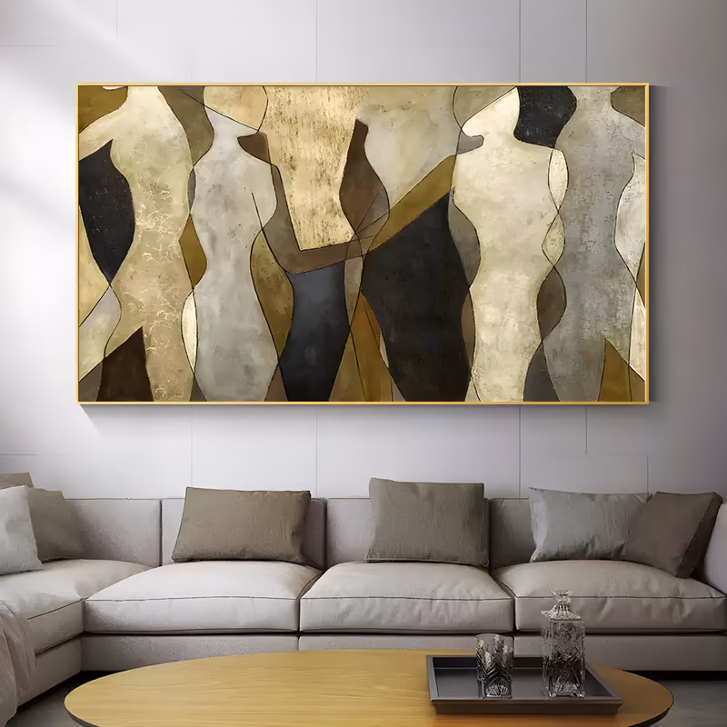 a wide horizontal cubist painting of six faceted standing nude figures overlapping in a row, rendered in gold leaf, cream, brown, gray and black with thin drawn contour lines, in flat gilded acrylic