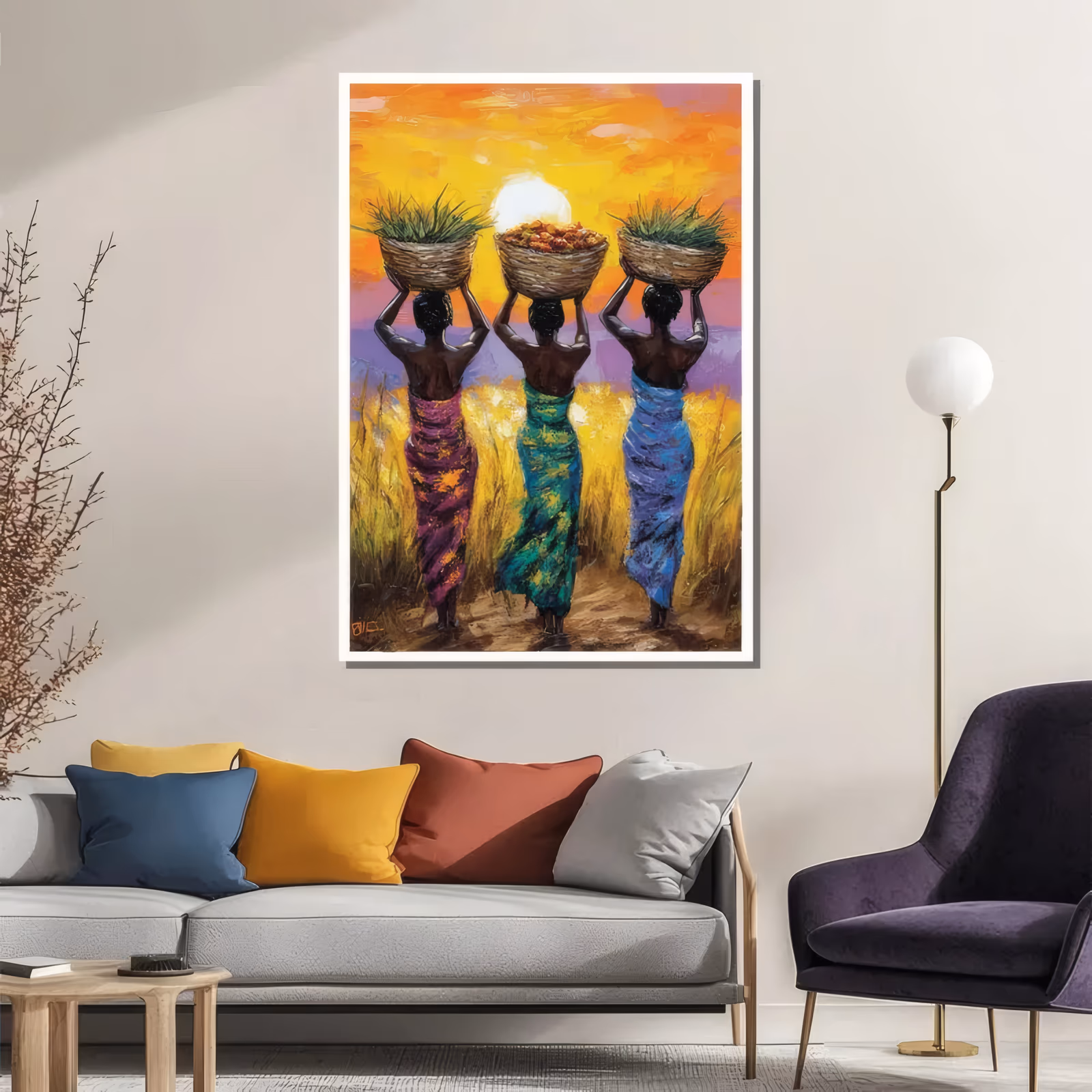 a large vertical expressive painting of three african women walking away through golden grass, each balancing a woven basket of greens and orange fruit on her head, under a white sun in an orange sky, in thick oil