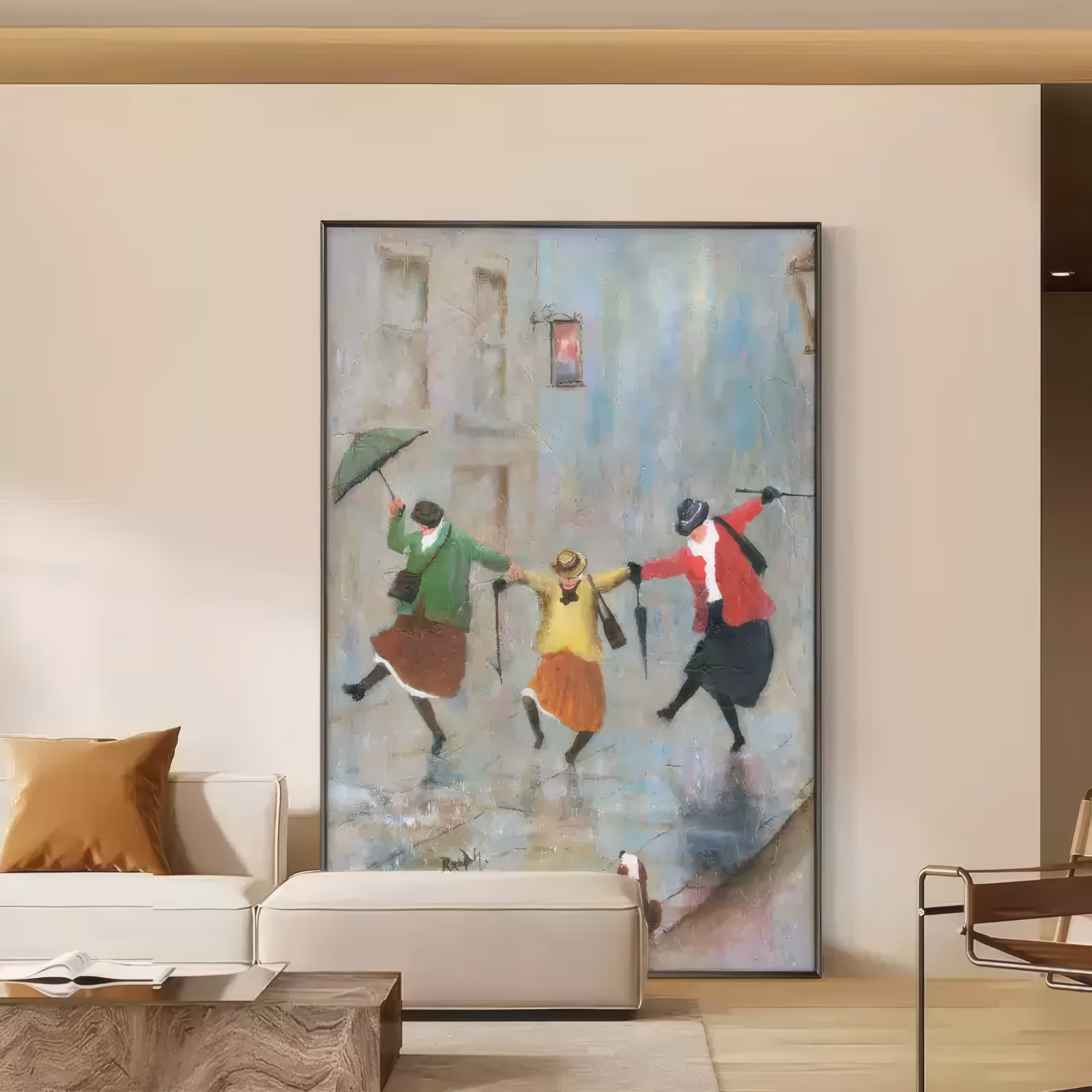 a large vertical impressionist painting of three older women dancing hand in hand on a wet gray street, holding a green and a black umbrella, in red, yellow and green coats, with a small dog watching, in matte oil