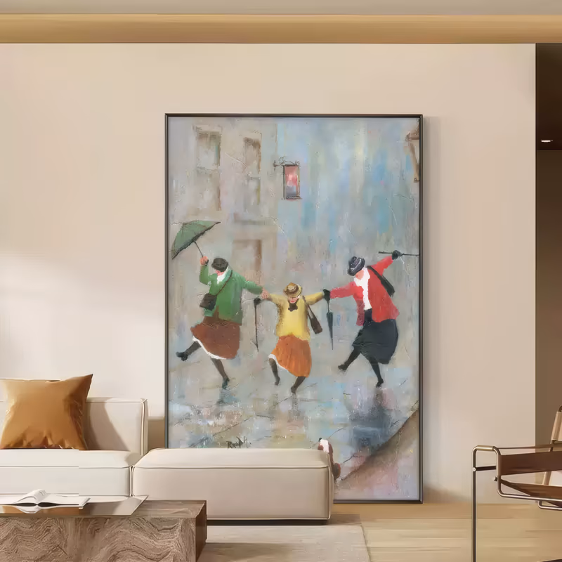 a large vertical impressionist painting of three older women dancing hand in hand on a wet gray street, holding a green and a black umbrella, in red, yellow and green coats, with a small dog watching, in matte oil